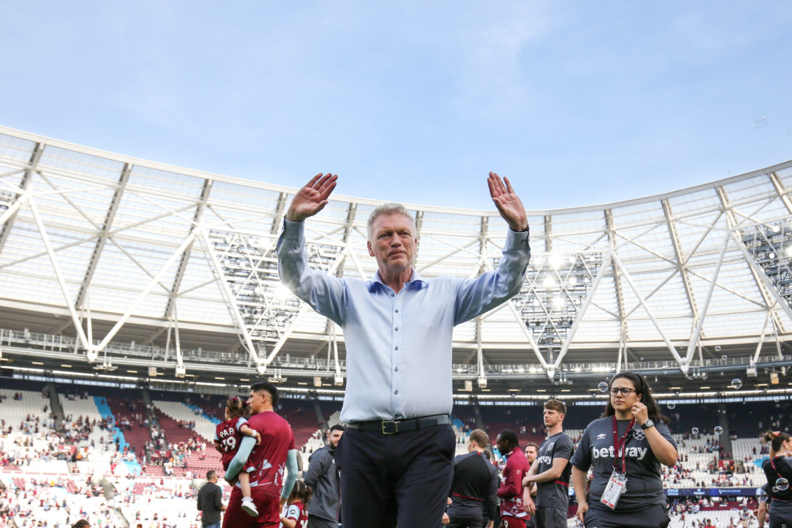 West Ham manager David Moyes waves farewell to the fans during the Premier League match between West Ham United and Luton Town at London Stadium on...