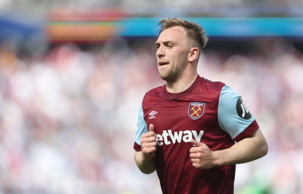 West Ham United's Jarrod Bowen during the Premier League match between West Ham United and Luton Town at London Stadium on May 11, 2024 in London, ...