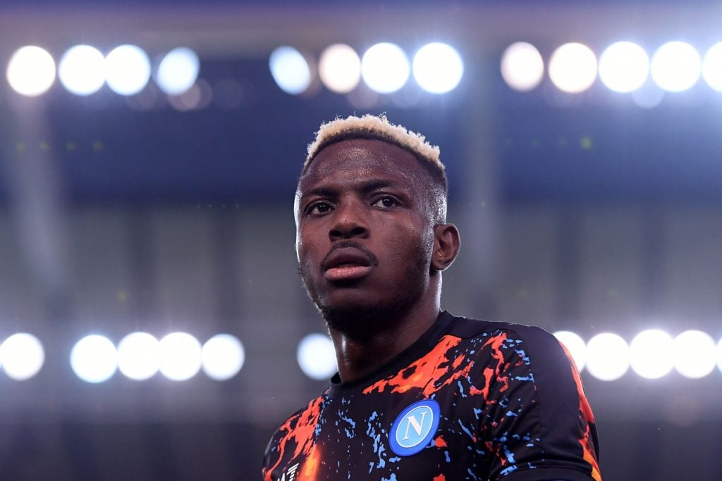 Victor Osimhen of SSC Napoli looks on during the Serie A TIM match between Udinese Calcio and SSC Napoli at Dacia Arena on May 06, 2024 in Udine, I...