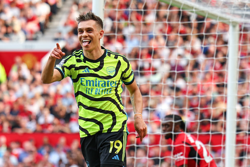 Leandro Trossard of Arsenal celebrates after scoring a goal to make it 0-1 during the Premier League match between Manchester United and Arsenal FC...