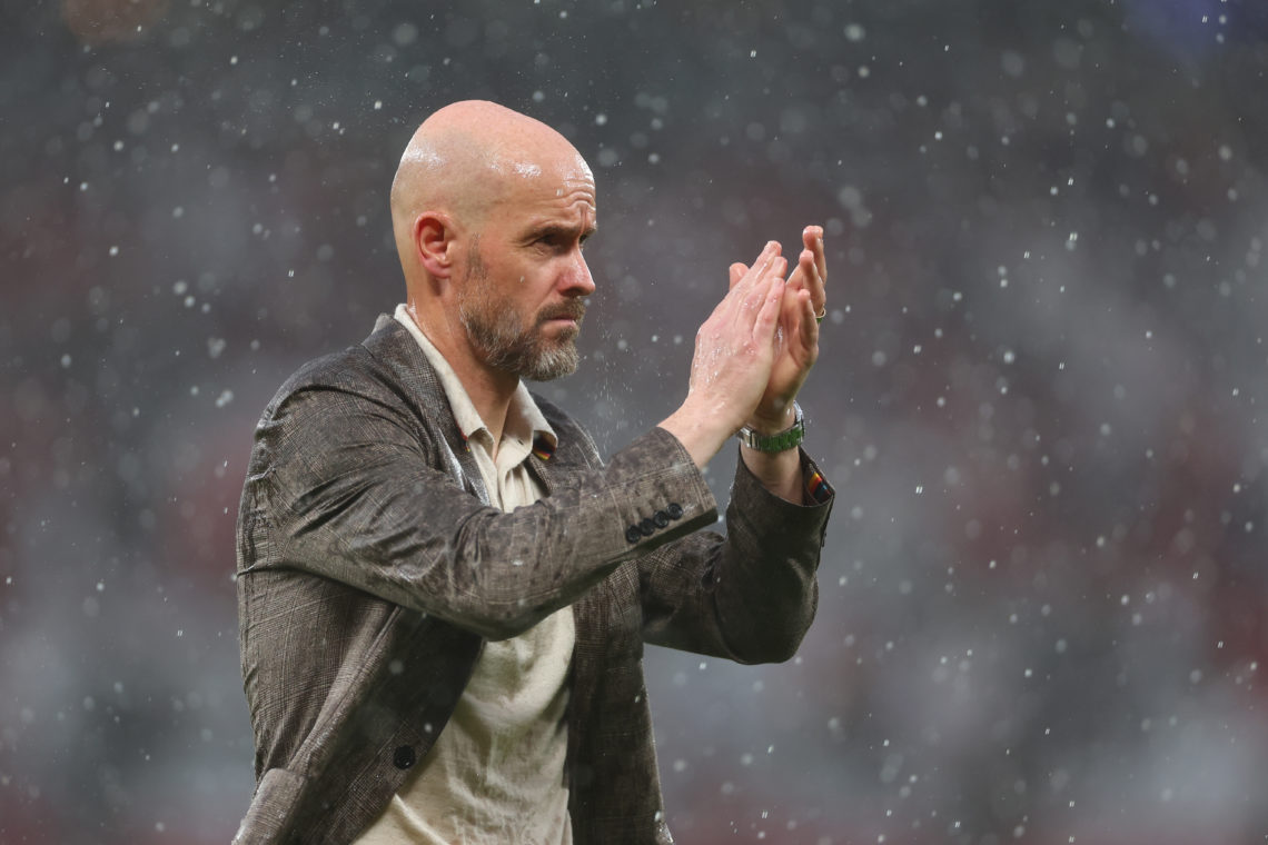 Erik ten Hag the head coach / manager of Manchester United applauds the fans as walks off at full time during the Premier League match between Manc...