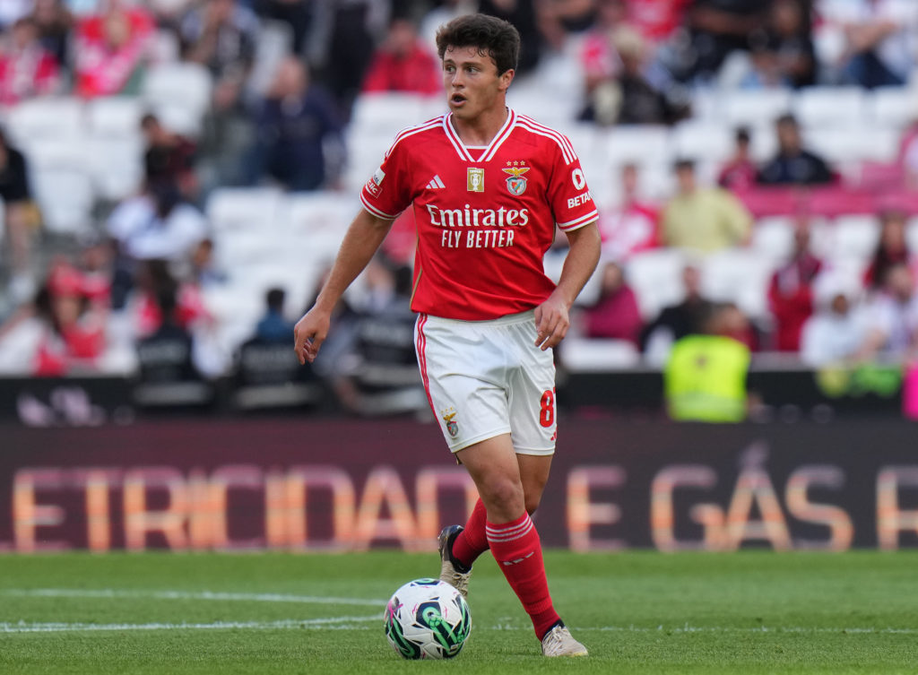 Joao Neves of SL Benfica in action during the Liga Portugal Betclic match between SL Benfica and FC Arouca at Estadio da Luz on May 12, 2024 in Lis...