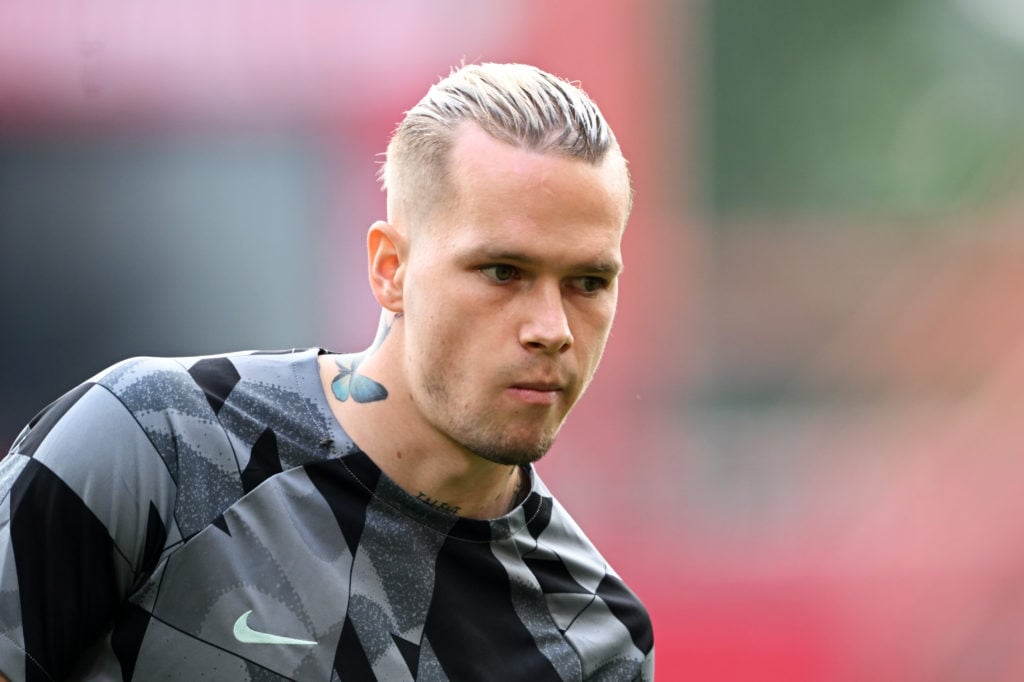 Mykhaylo Mudryk of Chelsea looks on during the warm up prior to the Premier League match between Nottingham Forest and Chelsea FC at City Ground on...