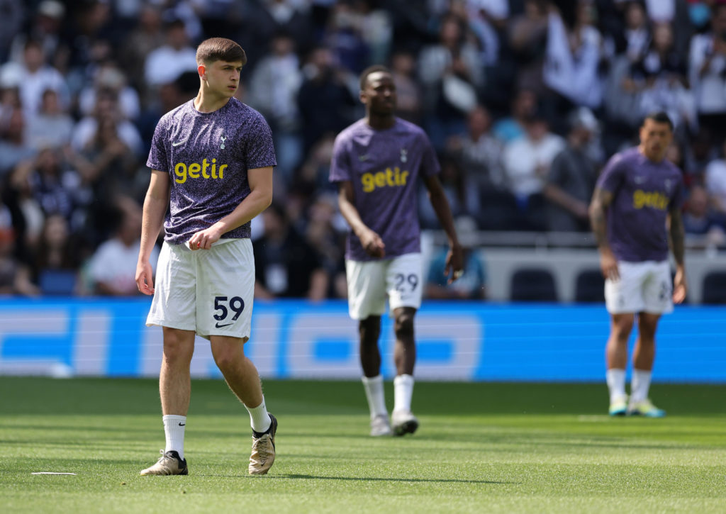 Mikey Moore of Tottenham Hotspur warms up ahead of the Premier League match between Tottenham Hotspur and Burnley FC at Tottenham Hotspur Stadium o...