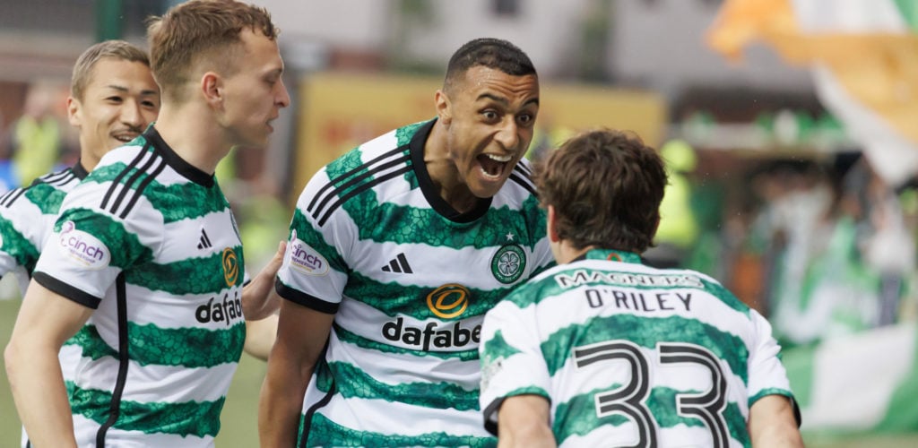 Adam Idah of Celtic celebrates the opening goal during the Cinch Scottish Premiership match between Kilmarnock FC and Celtic FC at Rugby Park on Ma...