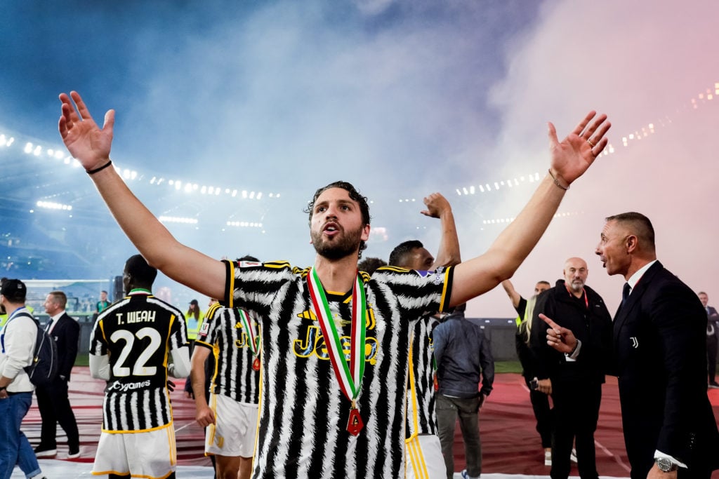 Manuel Locatelli of Juventus FC celebrates the victory of the trophy at the end of the Coppa Italia 2023/2024 Frecciarossa final match between Atal...