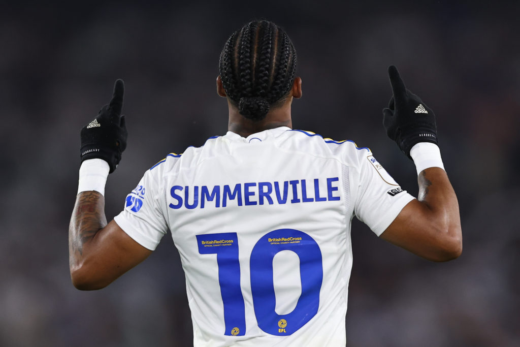 Crysencio Summerville of Leeds United celebrates after scoring a goal to make it 4-0 during the Sky Bet Championship Play-Off Semi-Final 2nd Leg ma...