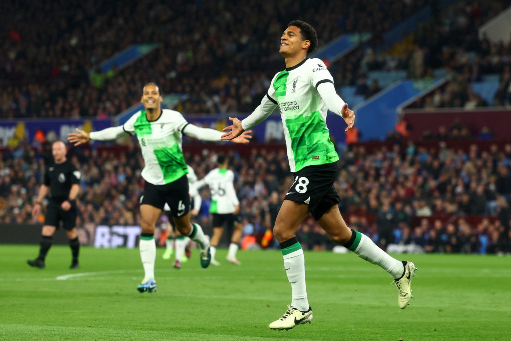 Jarell Quansah of Liverpool celebrates scoring his side's third goal during the Premier League match between Aston Villa and Liverpool FC at Villa ...