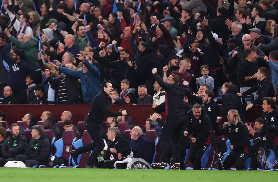 Unai Emery, Manager of Aston Villa, celebrates his team's third goal, scored by Jhon Duran (not pictured) during the Premier League match between A...