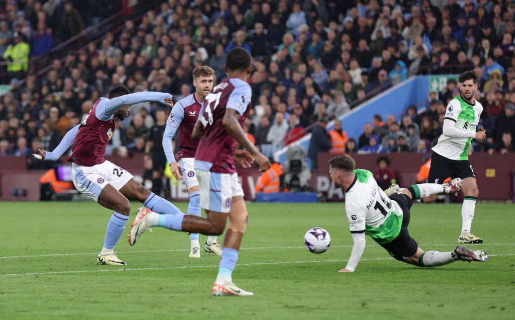 Jhon Duran of Aston Villa scores their second goal during the Premier League match between Aston Villa and Liverpool FC at Villa Park on May 13, 20...