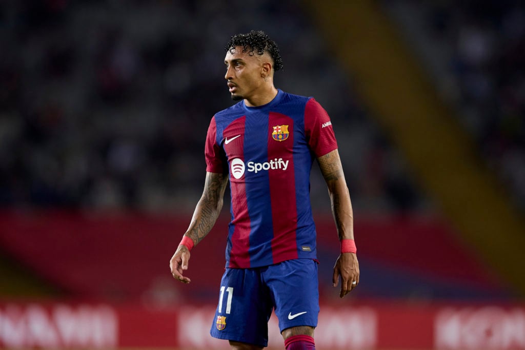 Raphael Dias 'Raphinha' of FC Barcelona looks on during the LaLiga EA Sports match between FC Barcelona and Real Sociedad at Estadi Olimpic Lluis C...