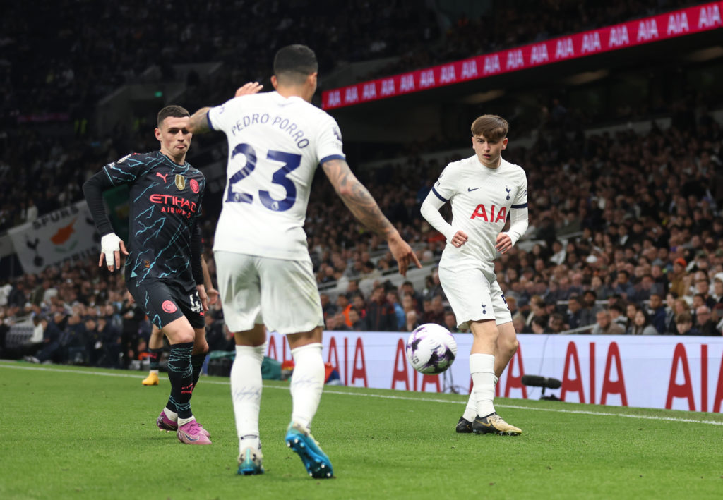 Mikey Moore of Tottenham Hotspur in action during the Premier League match between Tottenham Hotspur and Manchester City at Tottenham Hotspur Stadi...