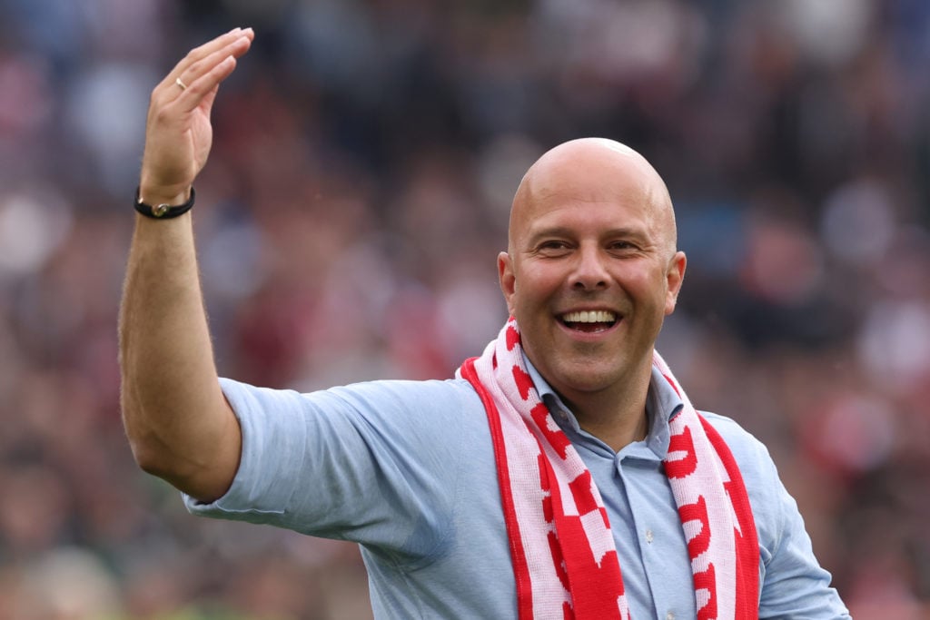 Head Coach Arne Slot of Feyenoord saying goodbye to the supporters during the Dutch Eredivisie match between Feyenoord and Excelsior at De Kuip on ...