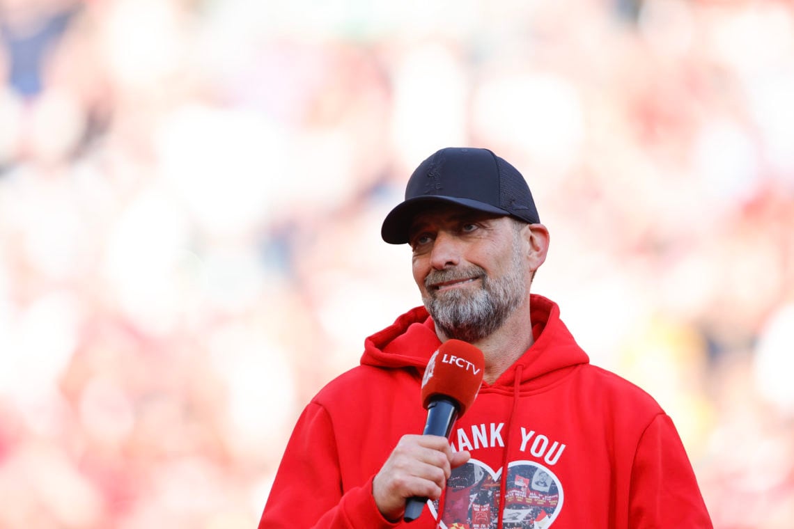 Jurgen Klopp the head coach / manager of Liverpool speaks to the Liverpool fans at full time after the Premier League match between Liverpool FC an...