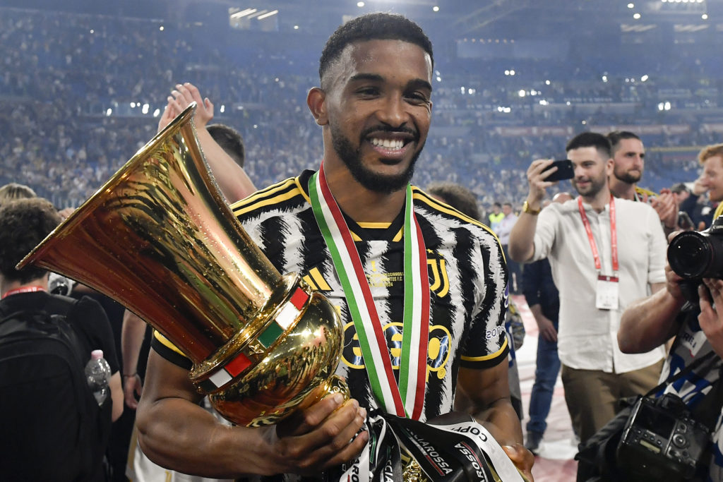 Gleison Bremer Silva Nascimento of Juventus FC celebrates with the trophy at the end of the Italy cup final match between Atalanta BC and Juventus ...