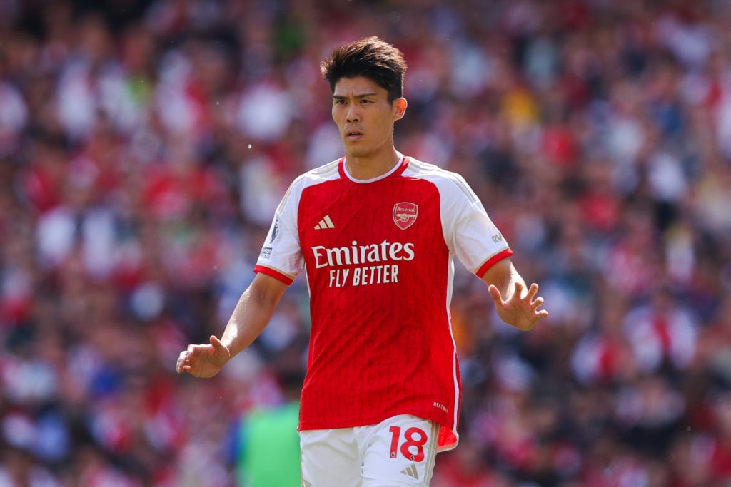 Takehiro Tomiyasu of Arsenal 
during the Premier League match between Arsenal FC and Everton FC at Emirates Stadium on May 19, 2024 in London, Engl...