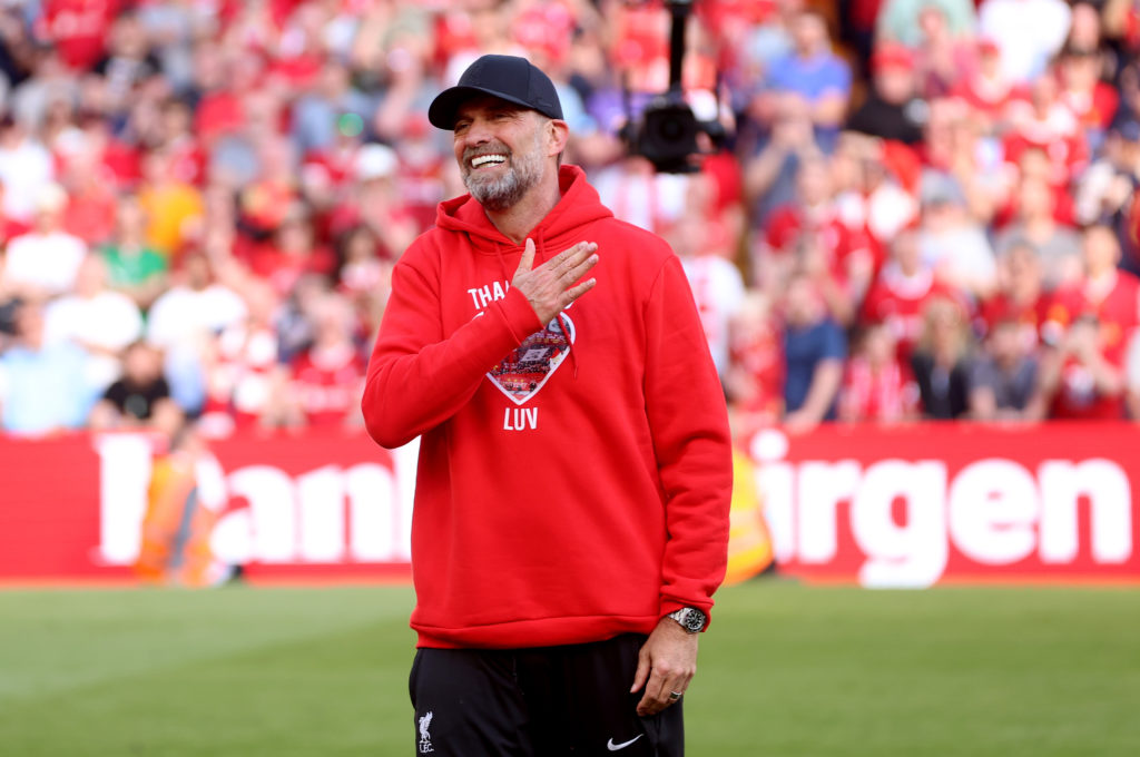 Jurgen Klopp, Manager of Liverpool, shows appreciation to the fans following his final match as Liverpool manager after the Premier League match be...