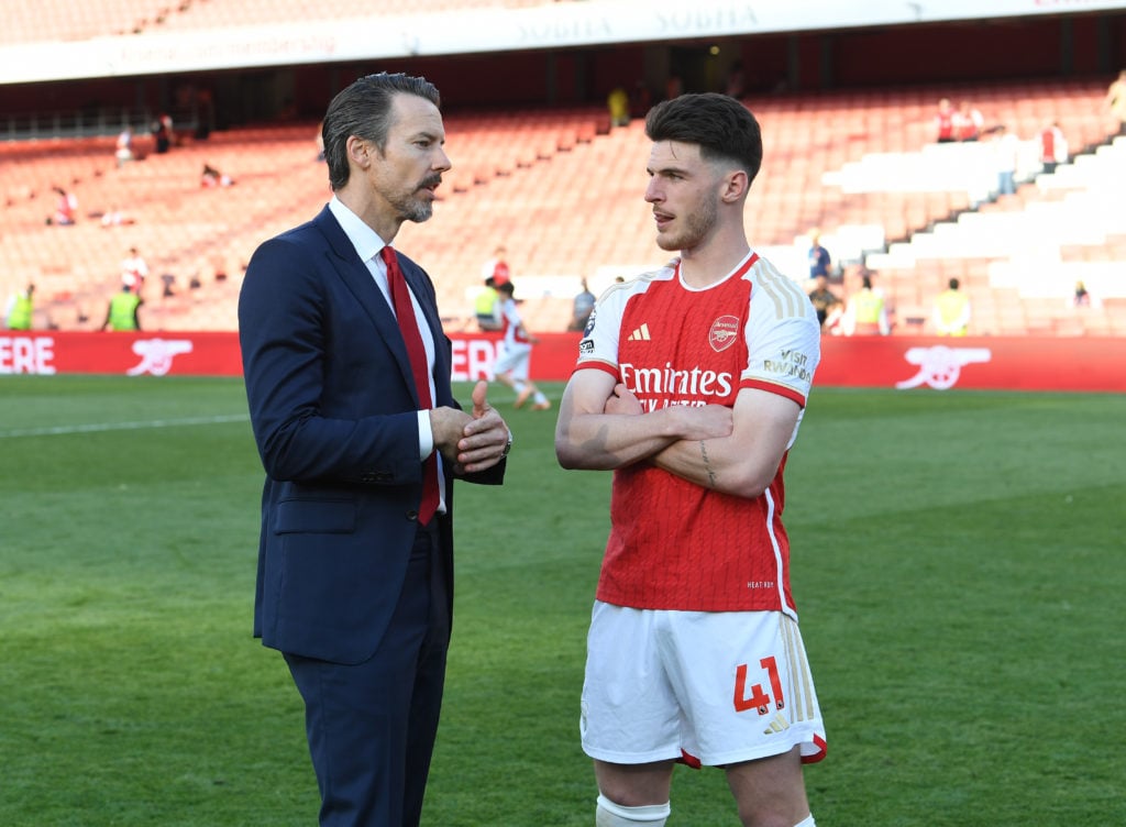 Arsenal Director Josh Kroenke chats to Declan Rice of Arsenal after the Premier League match between Arsenal FC and Everton FC at Emirates Stadium ...