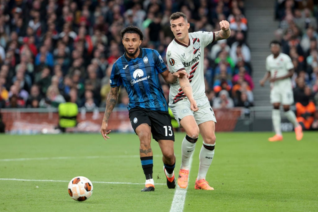 Ederson dos Santos Lourenco of Atalanta, Granit Xhaka of Bayer Leverkusen during the UEFA Europa League 2023/24 final match between Atalanta Bergam...