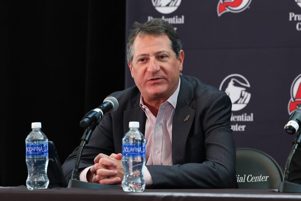 David Blitzer Managing partner of the New Jersey Devils speaks during the introduction of Sheldon Keefe(not pictured) as New Jersey Devils head coa...
