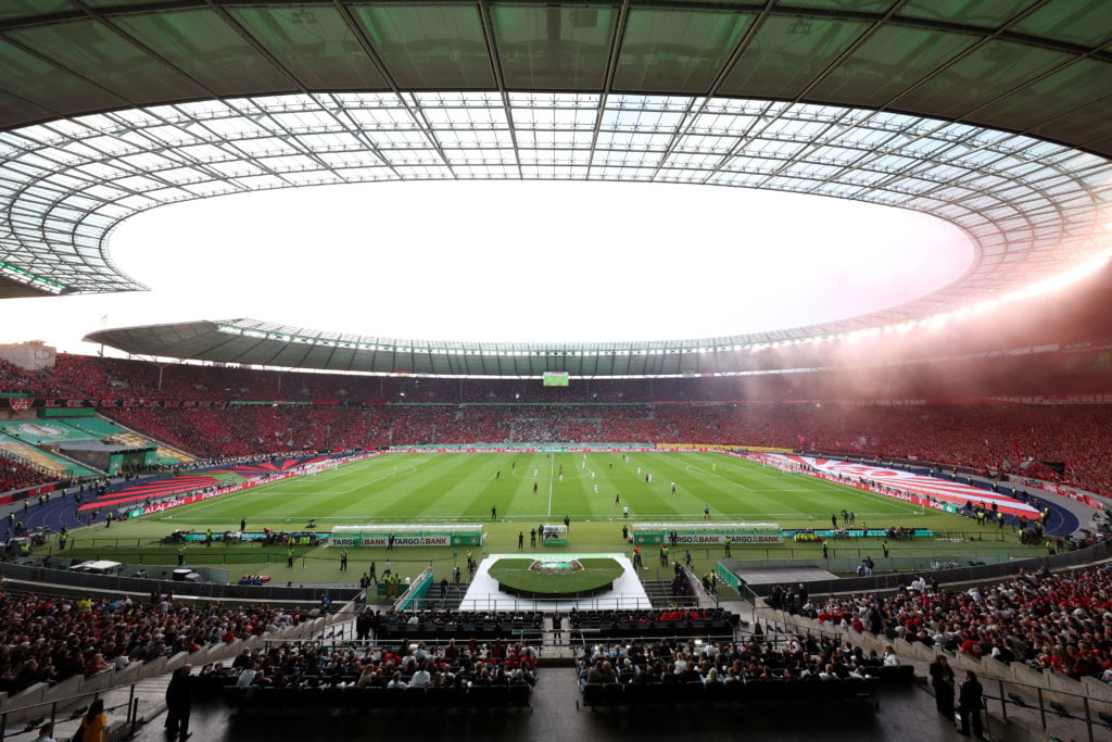 General view inside the stadium during the DFB Cup 2023/24 final match between 1. FC Kaiserslautern and Bayer 04 Leverkusen at Olympiastadion on Ma...