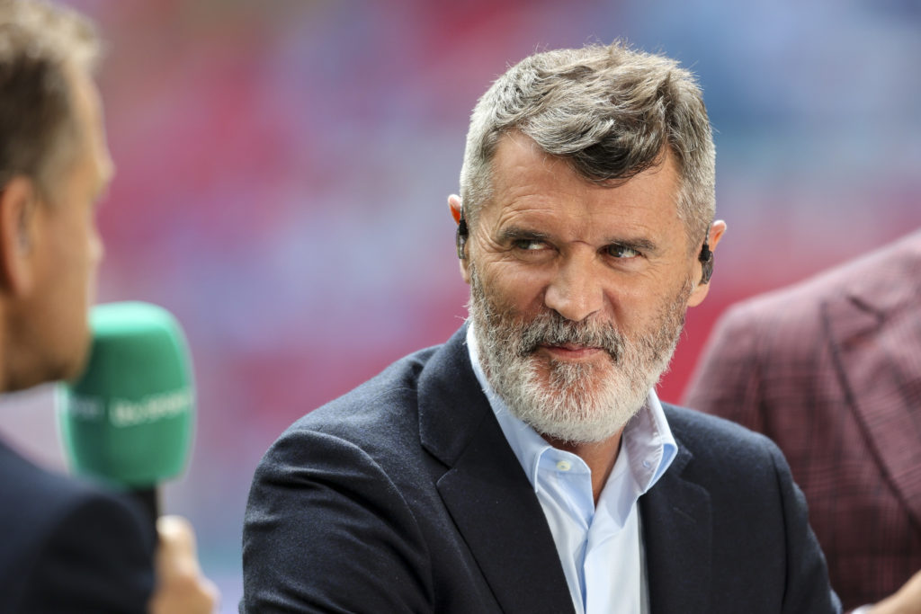 Ex- Manchester United skipper Roy Keane is seen presenting for ITV during the Emirates FA Cup Final match between Manchester City and Manchester Un...