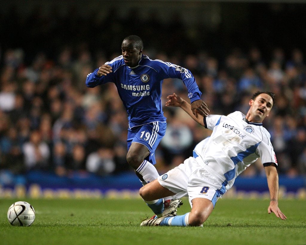 Wycombe Wanderers' Stefan Oakes is fouled by Chelsea's Lassana Diarra