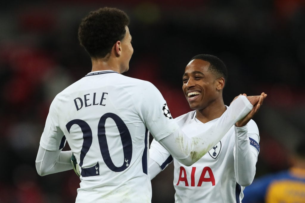 Kyle Walker-Peters celebrates with Dele Alli during Tottenham Hotspur vs APOEL Nicosia in the UEFA Champions League.