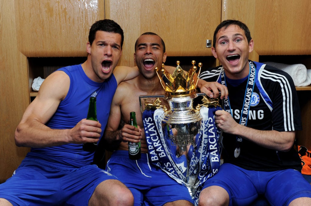 (L to R) (EXCLUSIVE IMAGES - MINIMUM USAGE FEE APPLIES - 250 GBP OR LOCAL EQUIVALENT) Chelsea's Michael Ballack, Ashley Cole and Frank Lampard cele...