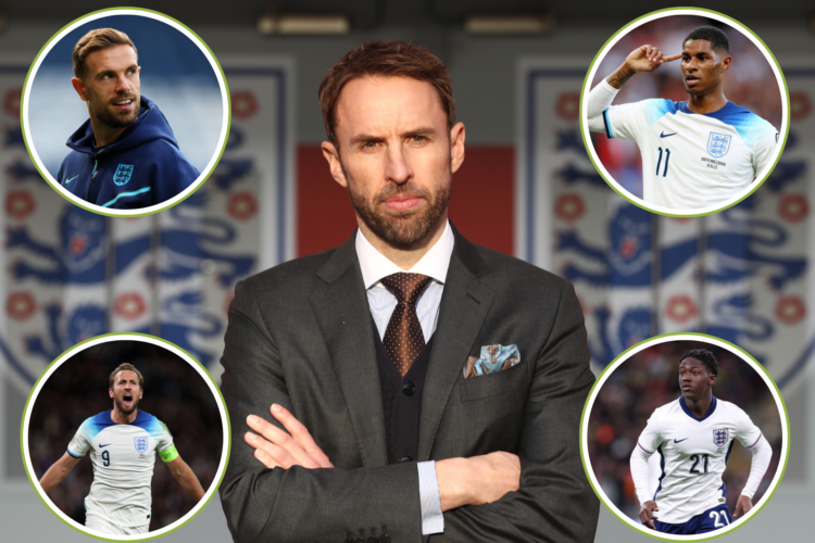An image of England manager Gareth Southgate surrounded by players Kobbie Mainoo, Jordan Henderson, Marcus Rashford and Kobbie Mainoo.