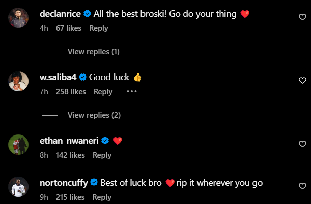 Screengrab of replies under Arsenal's Reuell Walters' Instagram post