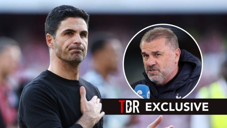Mikel Arteta, manager of Arsenal, acknowledges the fans. Inset, Ange Postecoglou, coach of Tottenham Hotspur. Overlaid, a TBR EXCLUSIVE banner.
