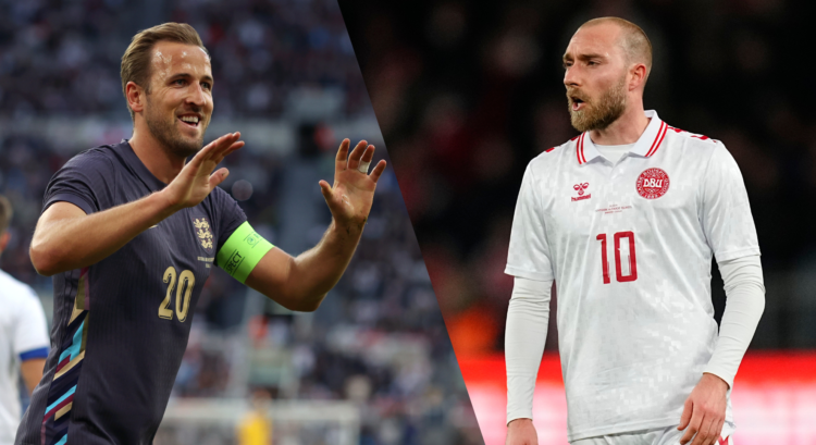 An image featuring Harry Kane from England and Denmark star Christian Eriksen ahead of their Group C clash at Euro 2024.