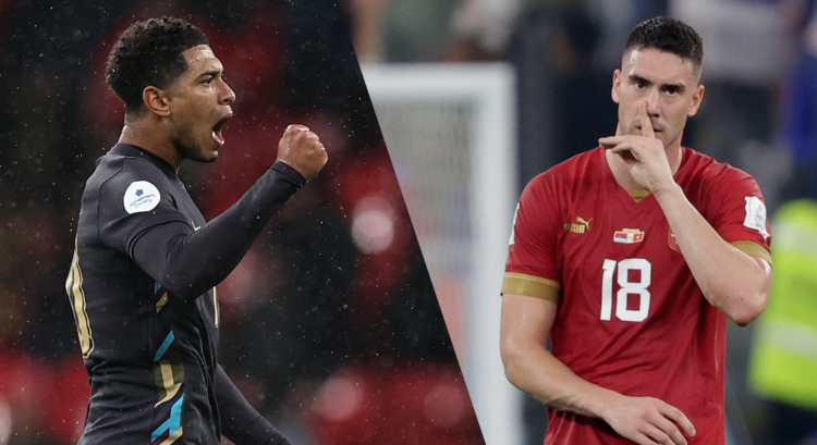 An image featuring England star Jude Bellingham and Serbia forward Dusan Vlahovic before the Group C meeting at Euro 2024.