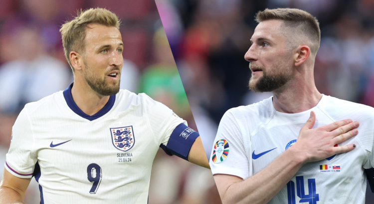 A compilation of images featuring England striker Harry Kane and Slovakia defender Milan Skriniar.