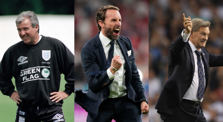 A composition of images featuring England managers Terry Venables, Gareth Southgate and Glenn Hoddle.