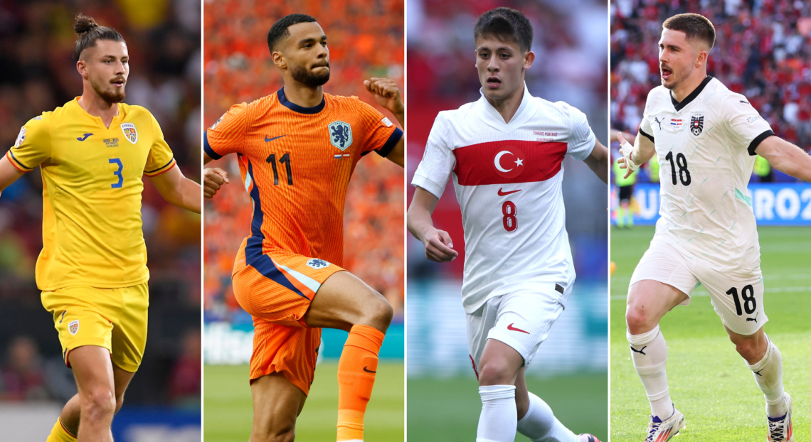 A compilation of images featuring Romania star Radu Dragusin, Netherlands forward Cody Gakpo, Turkey playmaker Arda Guler and Austria's Romano Schmid.