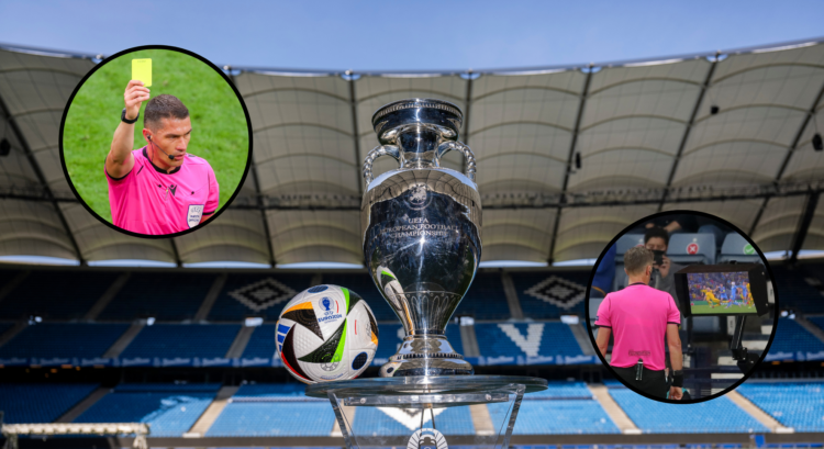 A composition of images featuring the UEFA European Championship trophy, a referee giving out a yellow card and a referee viewing a VAR screen.