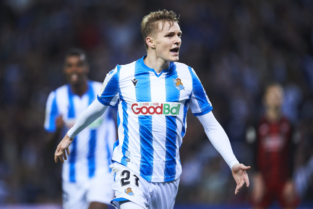 Martin Odegaard of Real Sociedad celebrates after scoring his team's second goal during the Copa del Rey Semi-Final 1st Leg match between Real Soci...