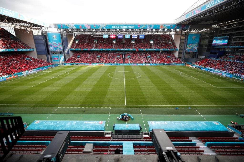The pitch remains empty after Denmark's midfielder Christian Eriksen collapsed on the pitch during the UEFA EURO 2020 Group B football match betwee...
