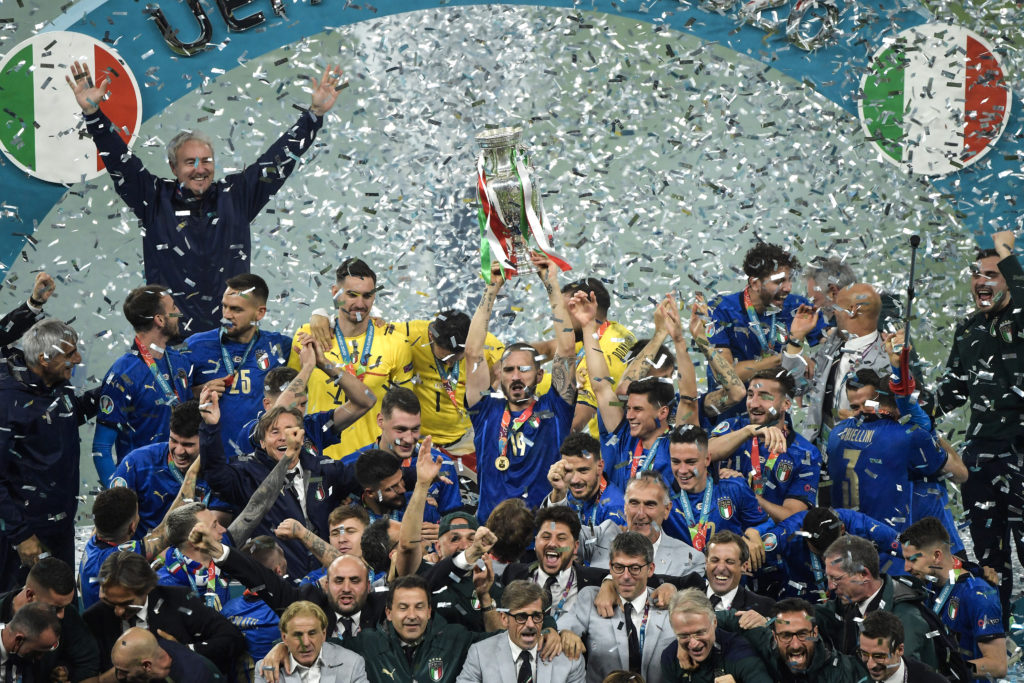 Leonardo Bonucci of Italy holds the trophy while the italian