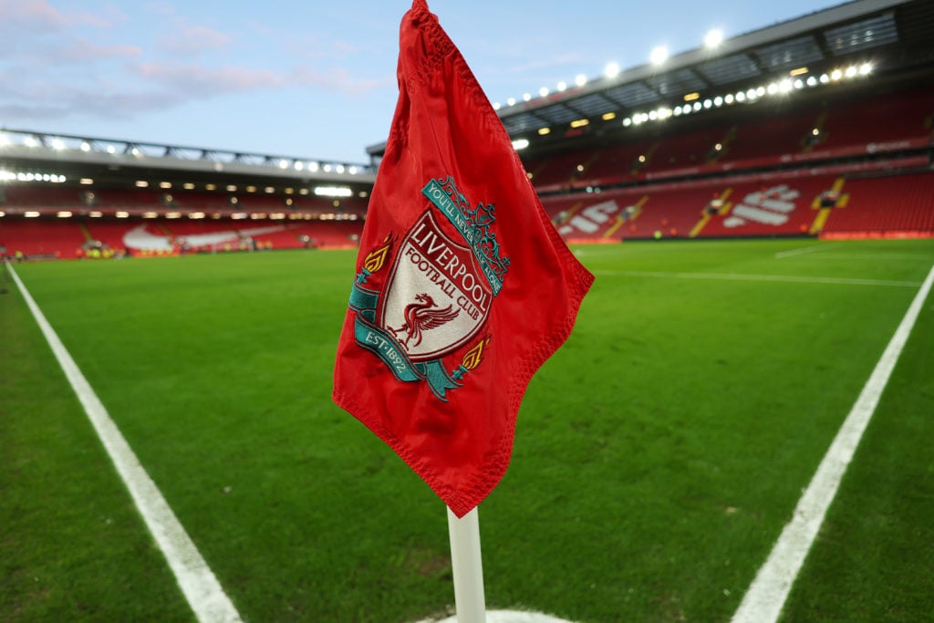 A general detail view of the Liverpool badge / logo on a corner flag at Anfield Stadium during the Emirates FA Cup Third Round match between Liverp...