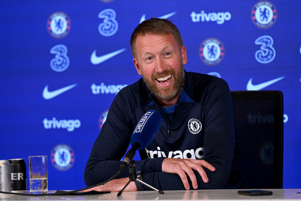 Graham Potter, manager of Chelsea during a press conference at Chelsea Training Ground on March 31, 2023 in Cobham, England.