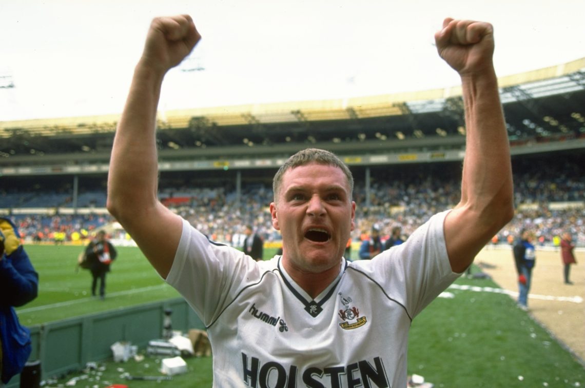 1991:  Paul Gascoigne #8 of Tottenham Hotspur celebrates their win after the FA Cup Semi-Final against Arsenal at Wembley Stadium in London. Totten...