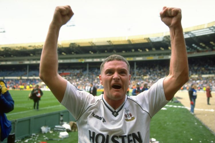 1991:  Paul Gascoigne #8 of Tottenham Hotspur celebrates their win after the FA Cup Semi-Final against Arsenal at Wembley Stadium in London. Totten...