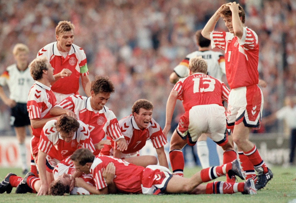 Kim Vilfort of Denmark is mobbed by team-mates after scoring the second and winning goal during the UEFA European Championships 1992 Final between ...