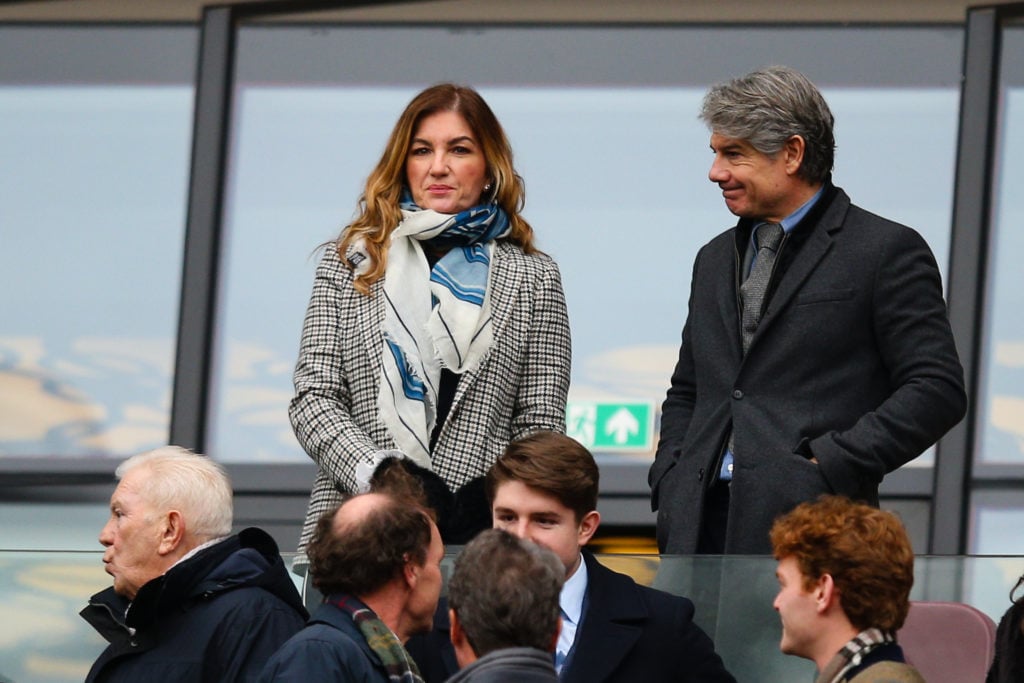 West Ham United CEO Karren Brady looks on ahead of the Premier League match between West Ham United and Chelsea FC at London Stadium on February 11...