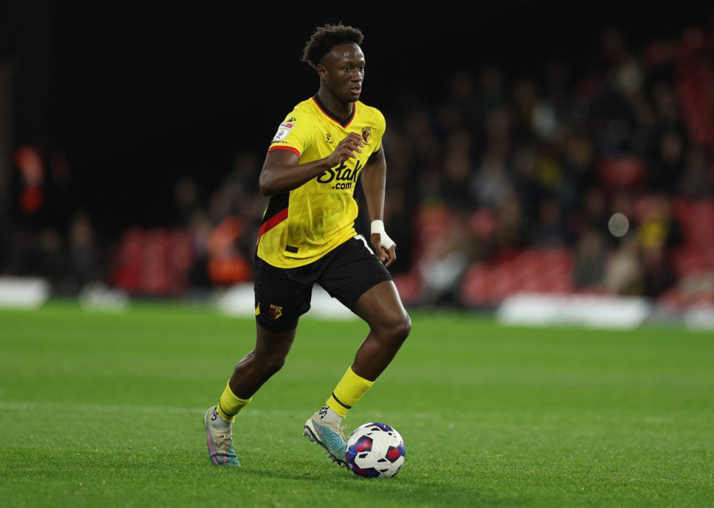 Ismaël Koné of Watford in action during the Sky Bet Championship between Watford and West Bromwich Albion at Vicarage Road on February 20, 2023 in ...