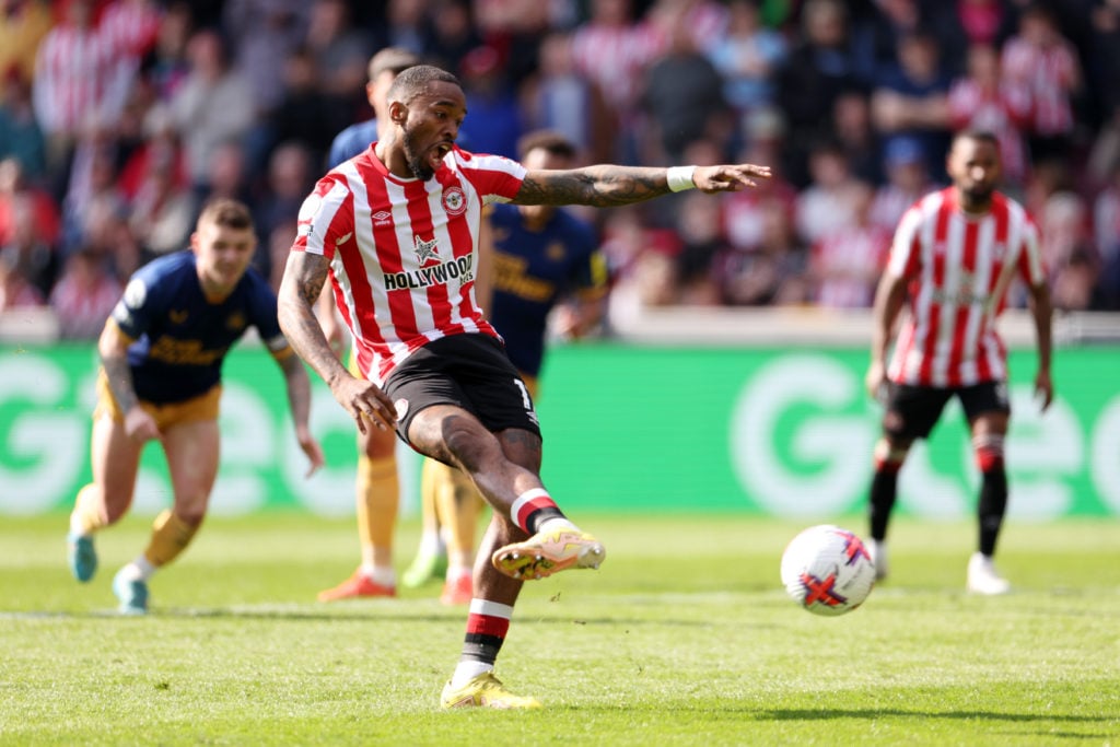 Ivan Toney of Brentford scores the team's first goal from a penalty kick during the Premier League match between Brentford FC and Newcastle United ...