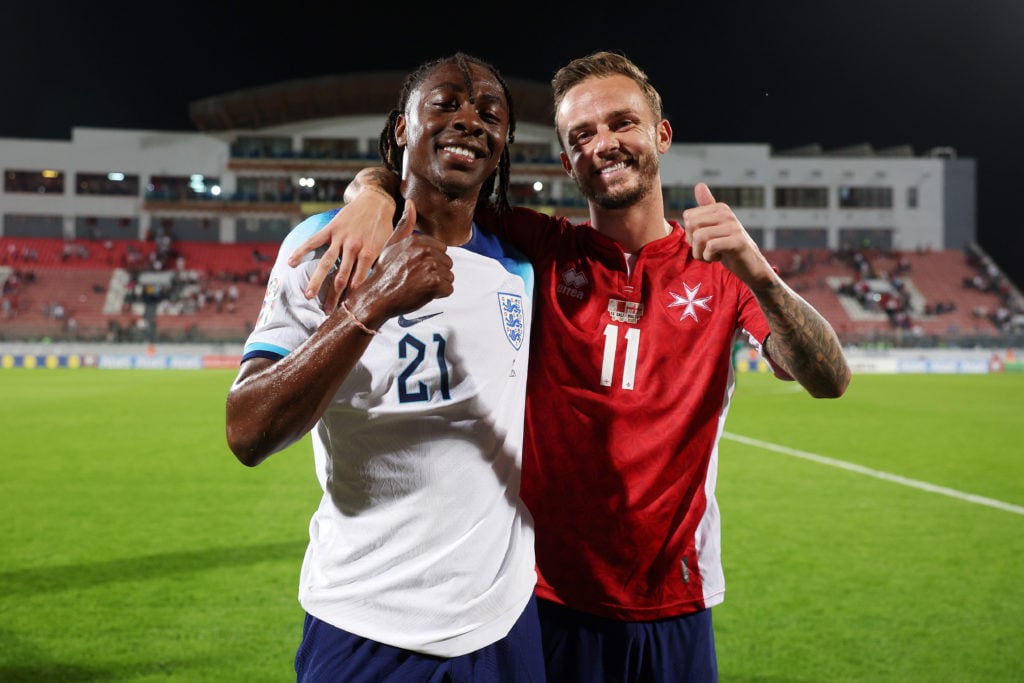 Eberechi Eze and James Maddison of England pose for a photo following the UEFA EURO 2024 qualifying round group C match between Malta and England a...